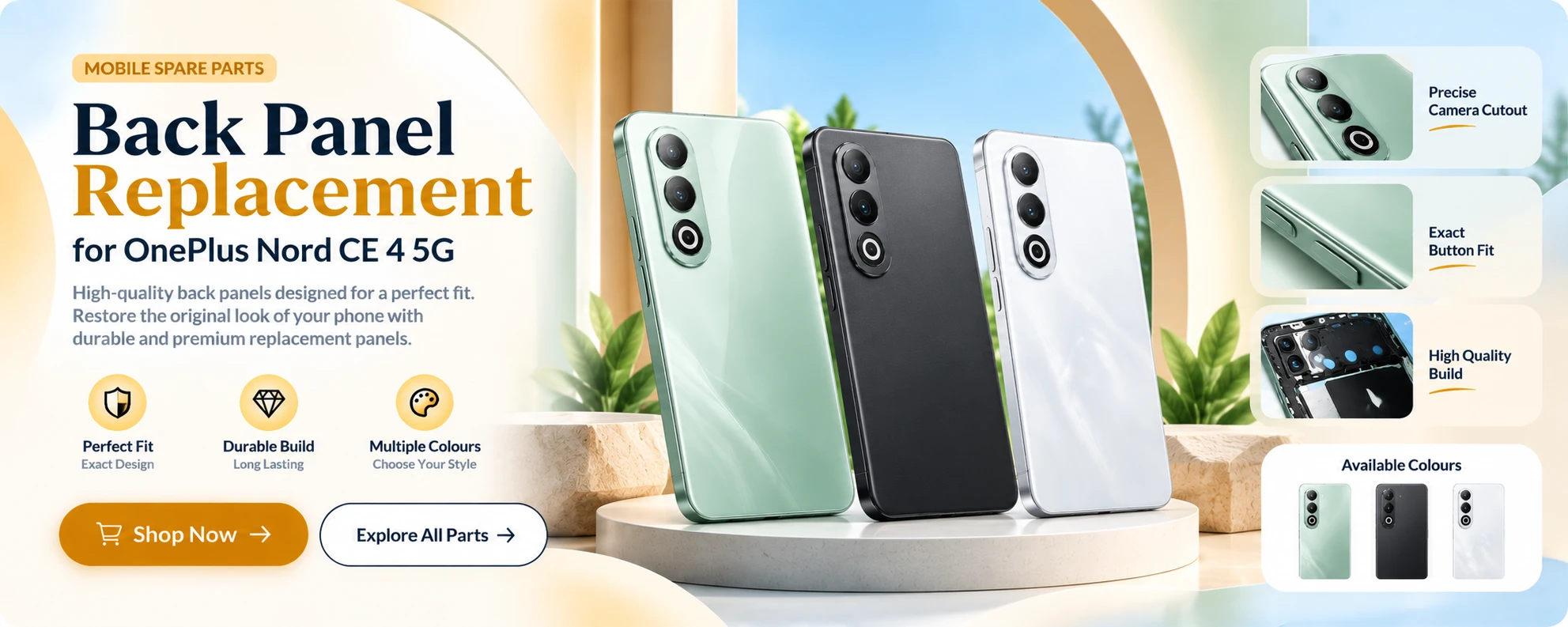 Back Panel Replacement for OnePlus Nord CE 4 5G in green, black and white. Perfect Fit, Durable Build, Multiple Colors. Precise Camera Cutout, Exact Button Fit and High Quality Build.
