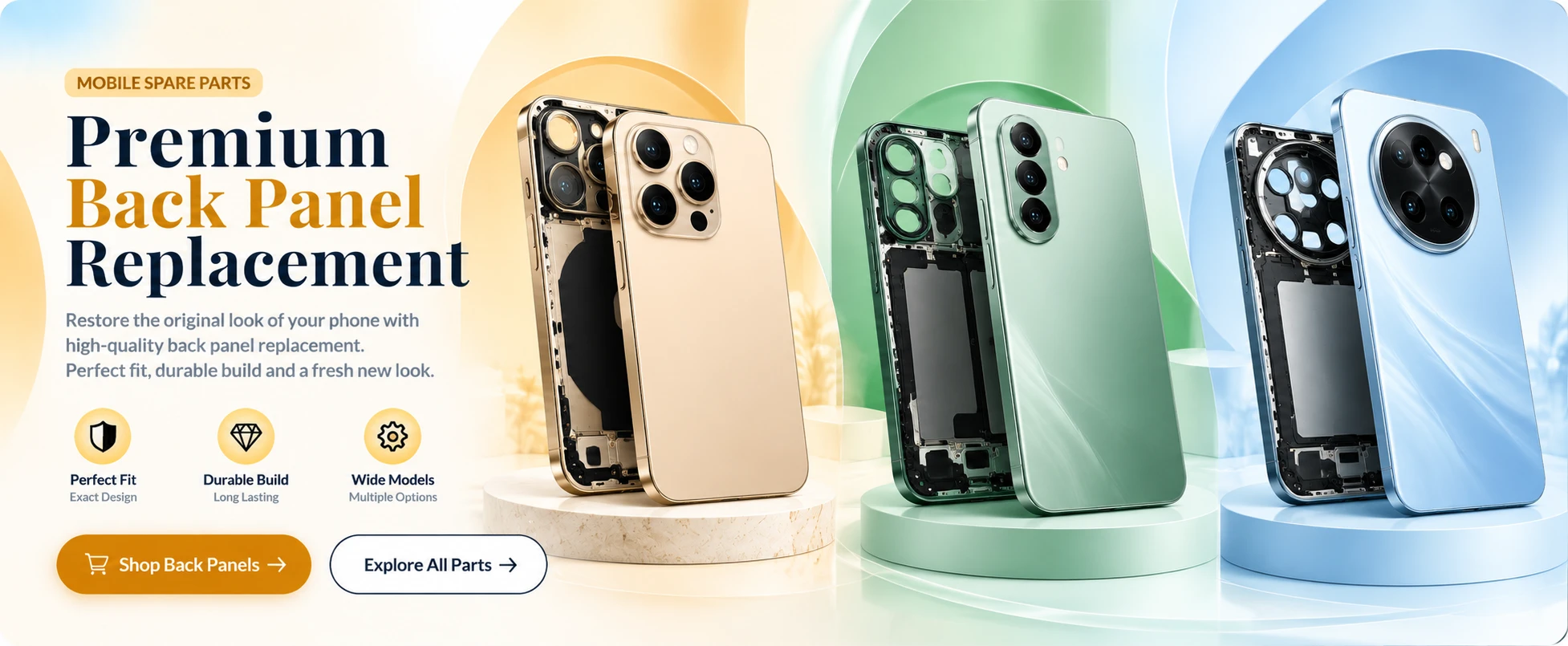 Premium Back Panel Replacement. Gold, green and blue phone housings. Perfect Fit, Durable Build, Wide Models. Restore the original look of your phone with high-quality back panel replacement.