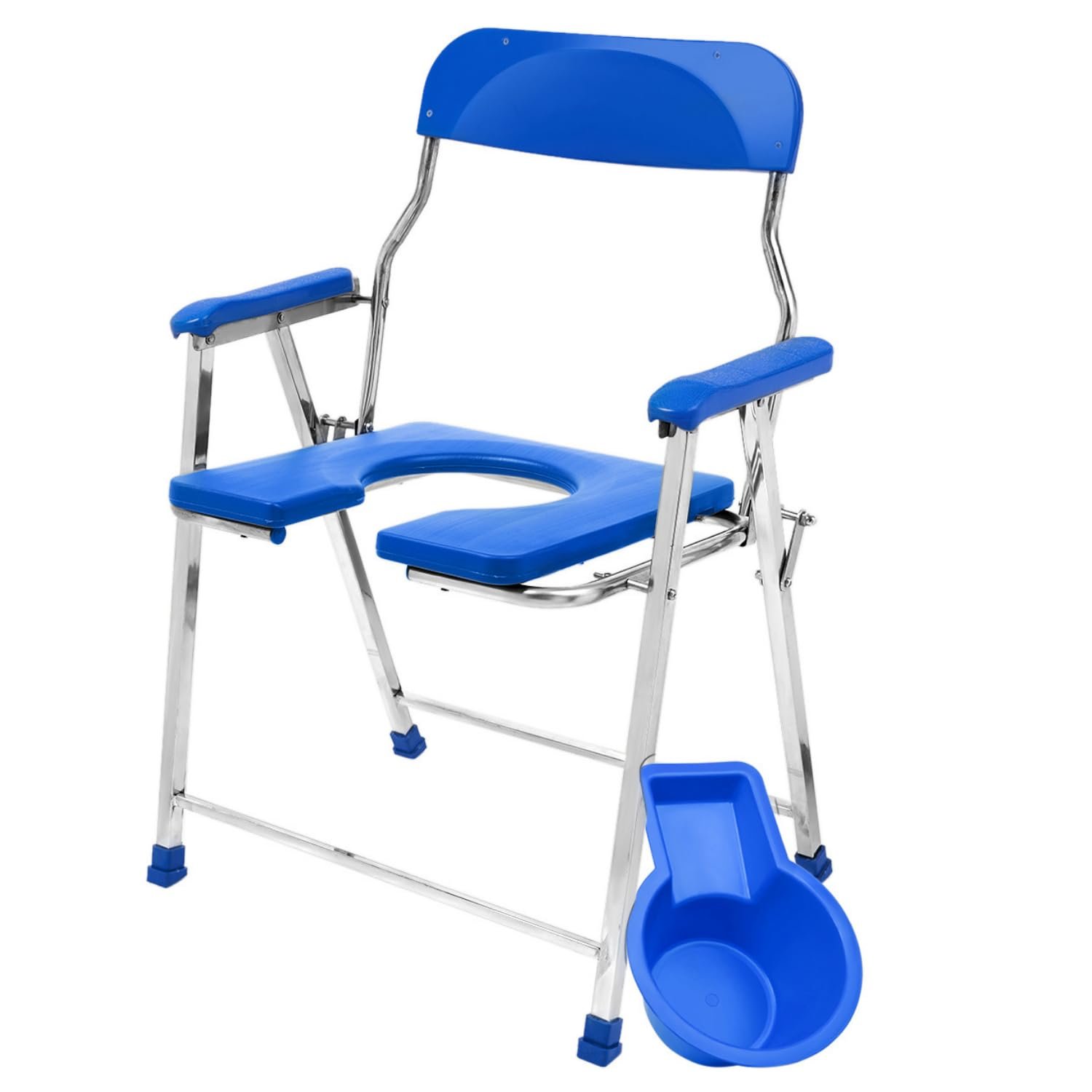 Compatible Replacement Blue Folding Commode Chair with Pot, Armrests & Backrest for Elderly & Senior Citizens