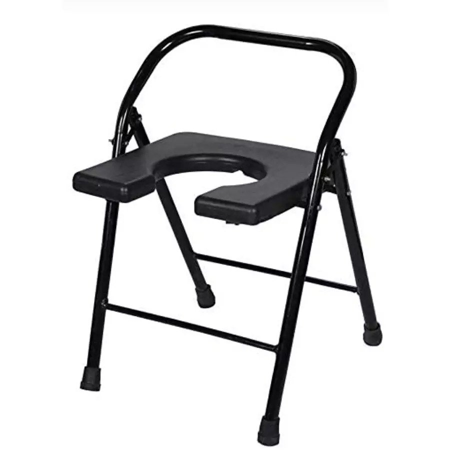 Compatible Replacement Black Foldable Commode Stool with Back Support & U Shape Toilet Seat for Senior Citizens