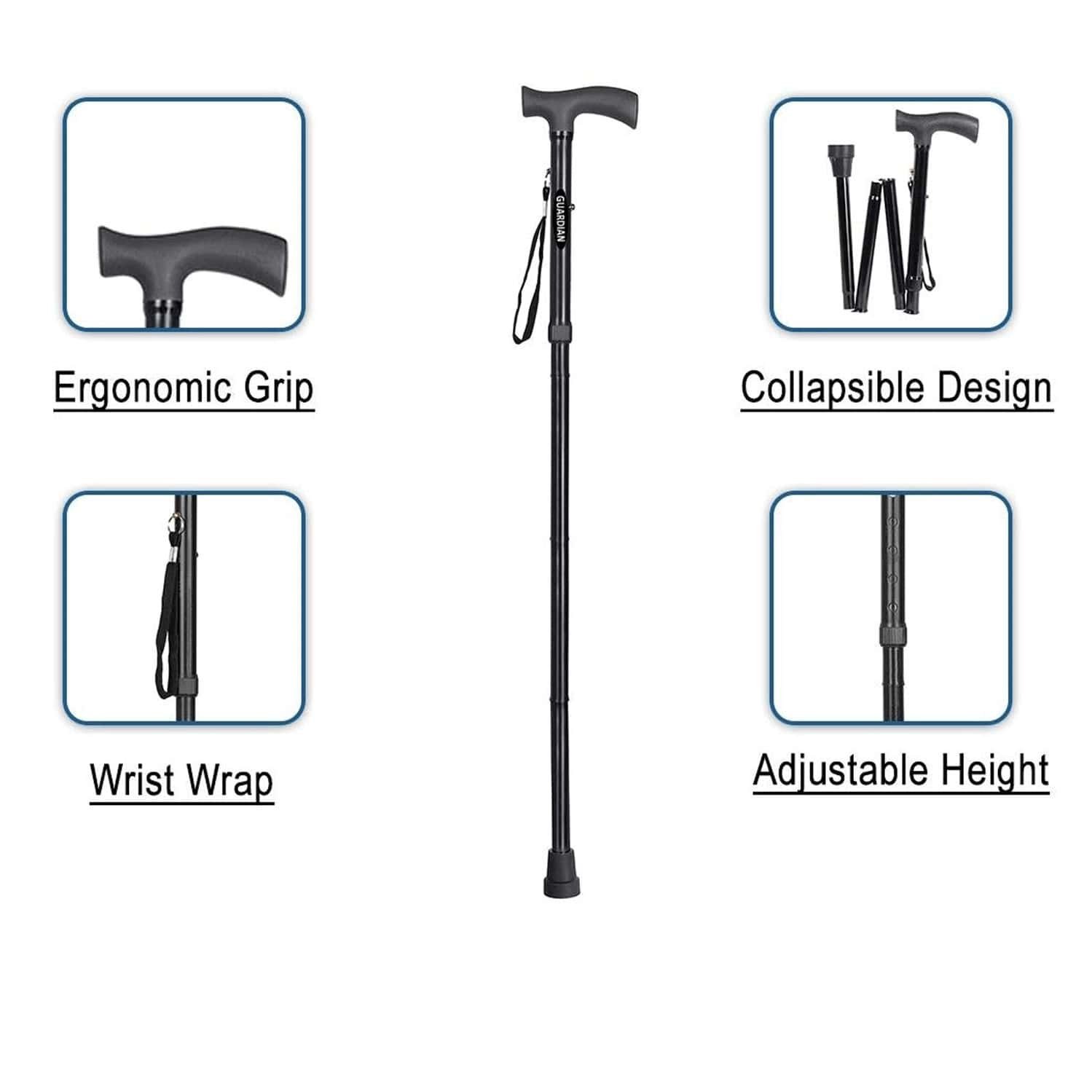 Black Folding Height Adjustable Walking Stick with Ergonomic Grip & Wrist Strap for Elderly