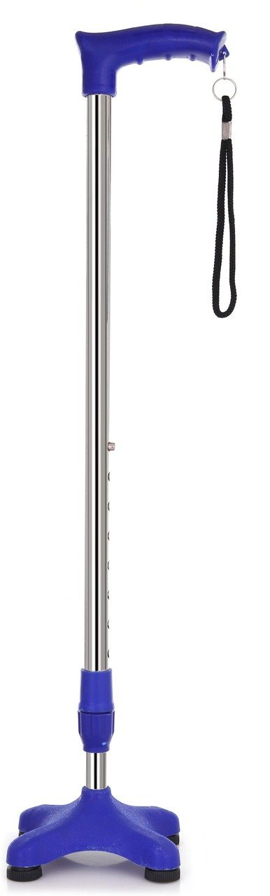 Height Adjustable Quadripod Walking Stick with 4 Leg Base, Ergonomic Handle & Wrist Strap – Blue Silver